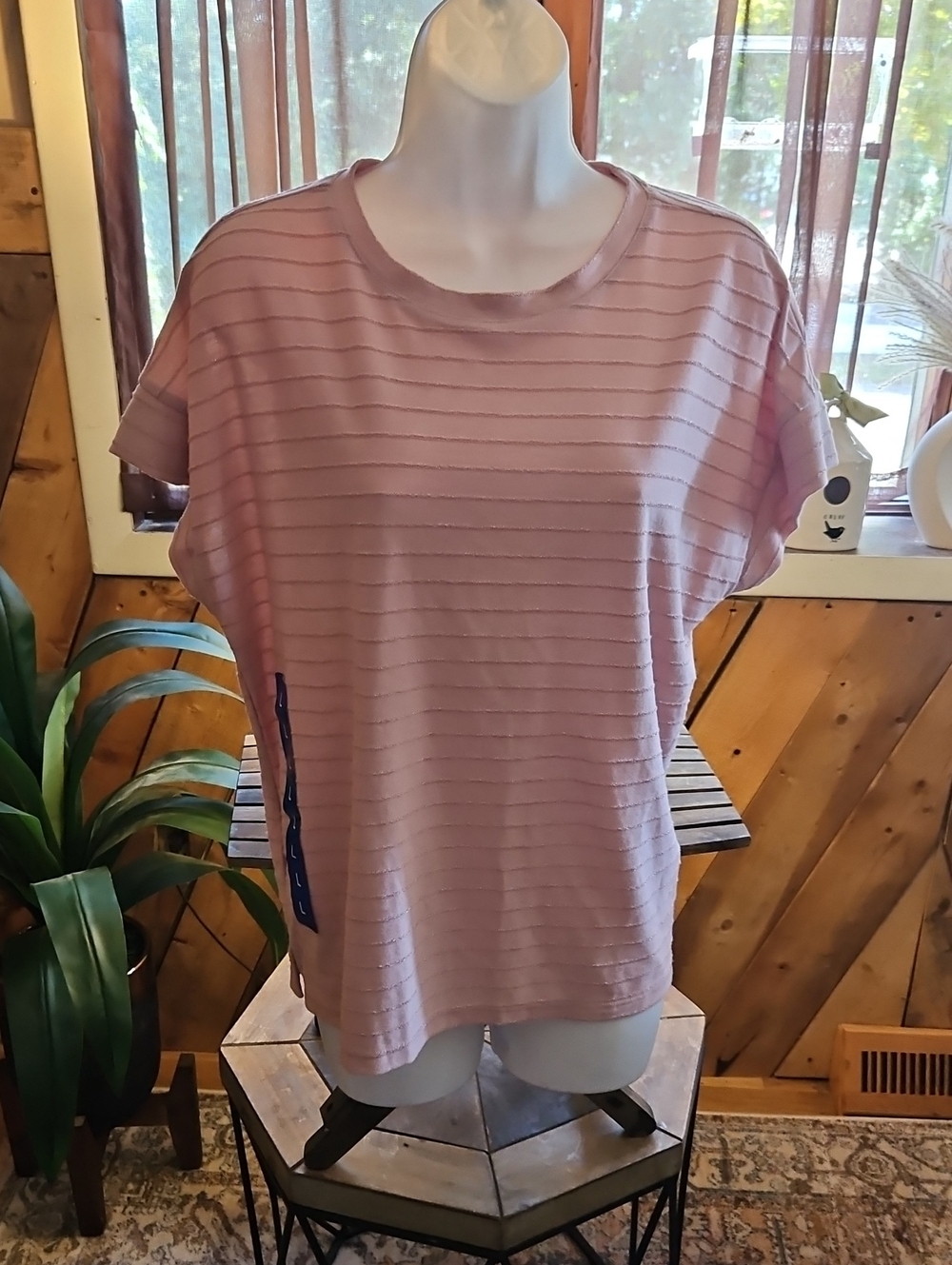 NWT Ellen Tracy Dusty Pink Textured Stripe Short Sleeve Tee Size L